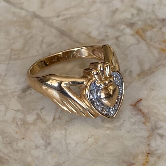14K & Diamonds Heavy Custom Irish Claddagh Ring - Picture 5 of 14